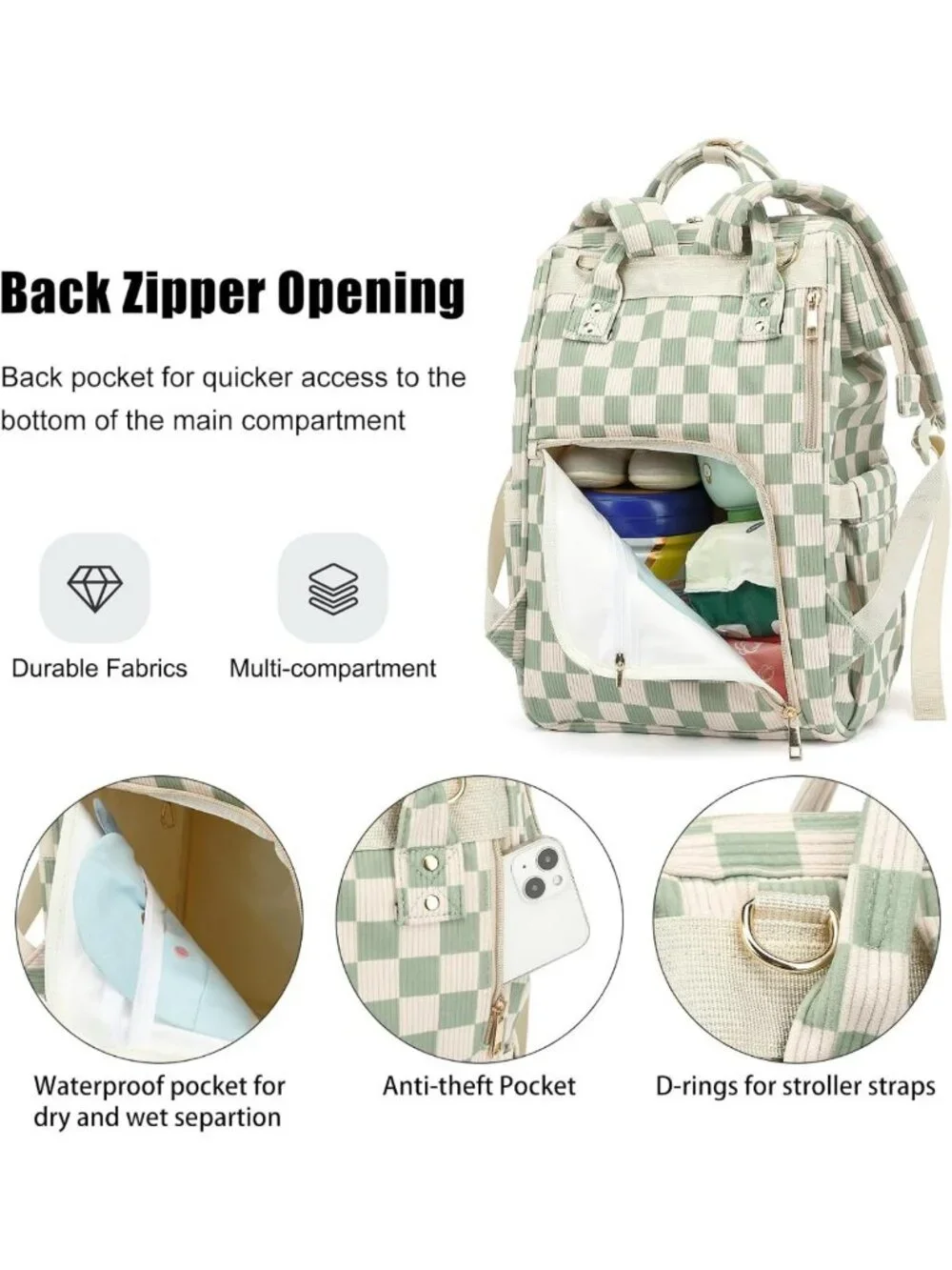 Stylish Large Capacity Baby Diaper Bag Backpack with Stroller Straps - Green